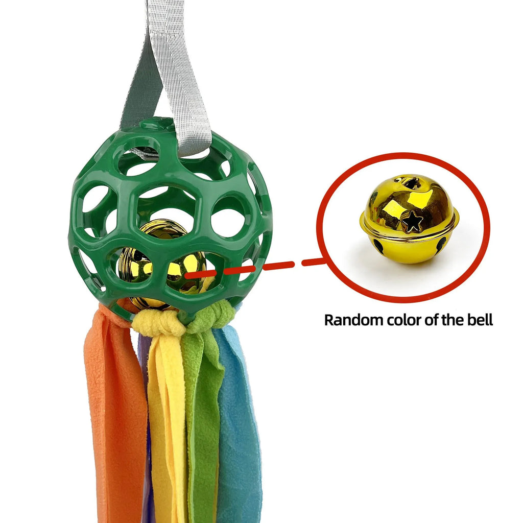 TPR hollow interactive toy ball with sound bell for dogs and cats in assorted colours.