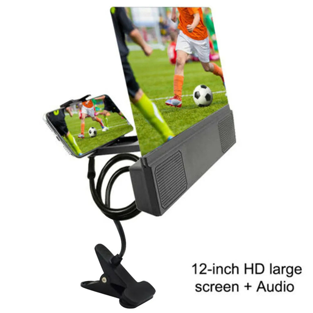 12-inch mobile phone screen amplifier with built-in speakers showing foldable design and adjustable gooseneck mount