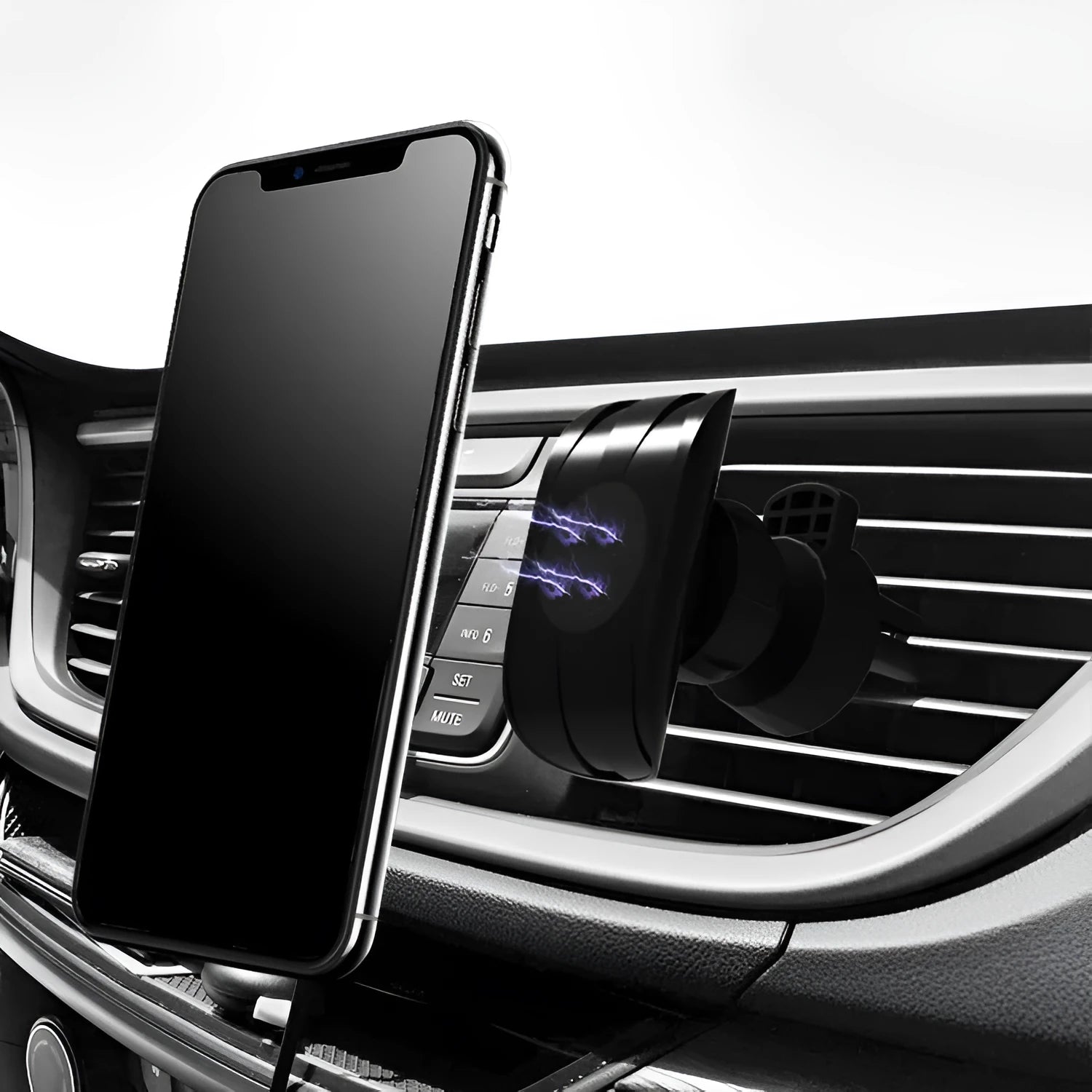 Black car phone holder mounted on vehicle air vent showing smartphone placement