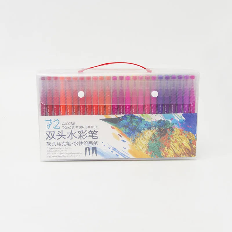 Set of 48 double-ended watercolour pens in a clear plastic PP storage box, showing the two-tip design.