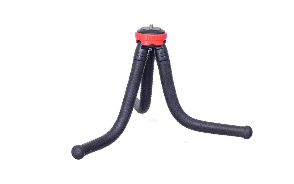 Black octopus tripod stand with flexible rubber legs and a spherical gimbal head for cameras and phones.