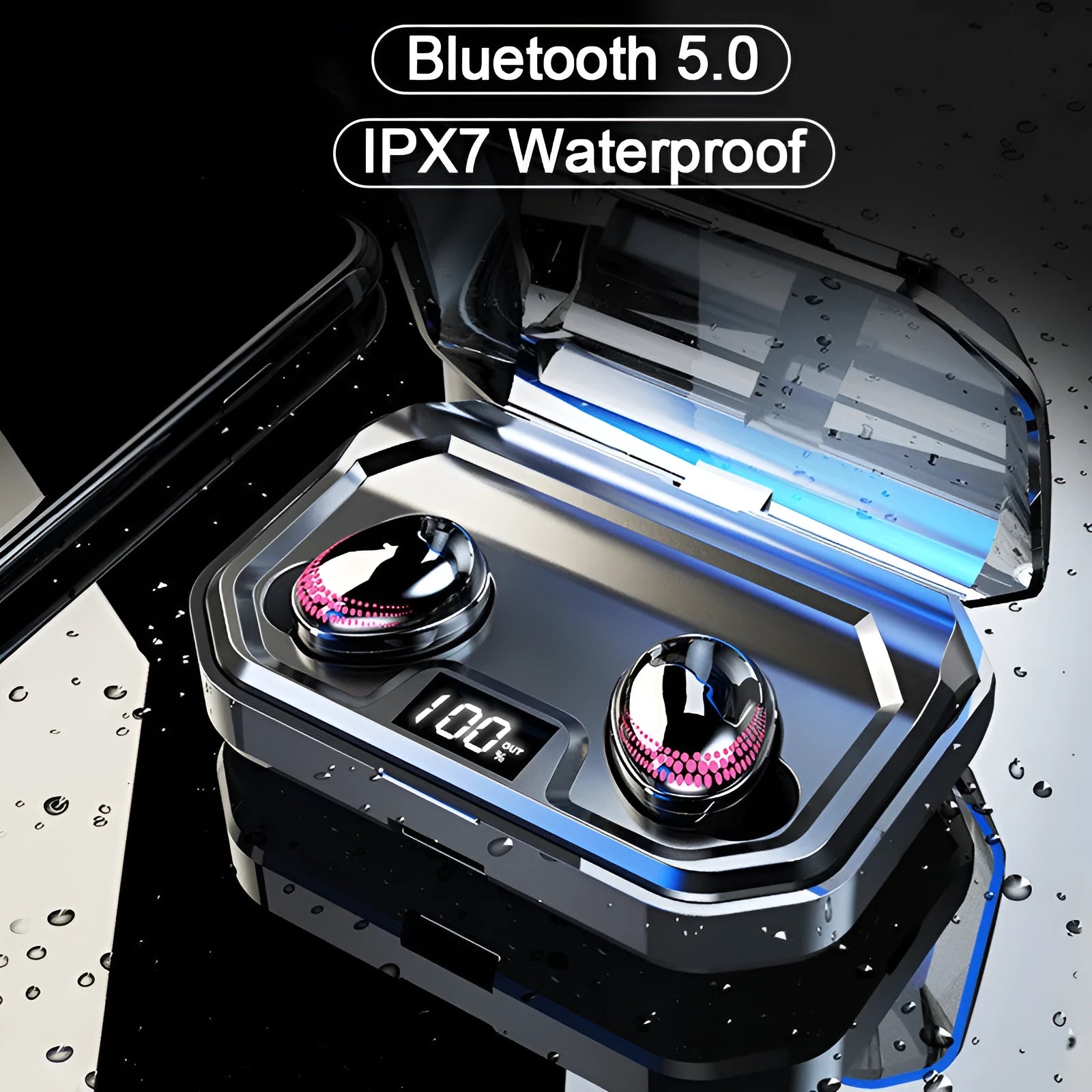 Black Bluetooth headset with earbuds and charging case showing 6mm speakers