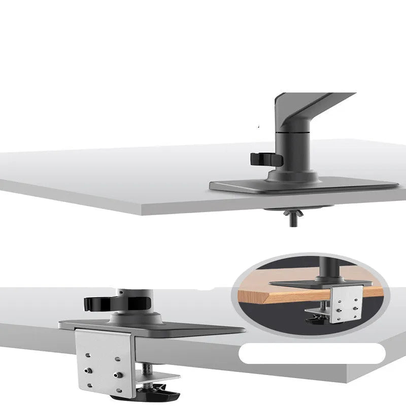 Black gas spring monitor stand on desk with curved screen support, 7K aluminium alloy build