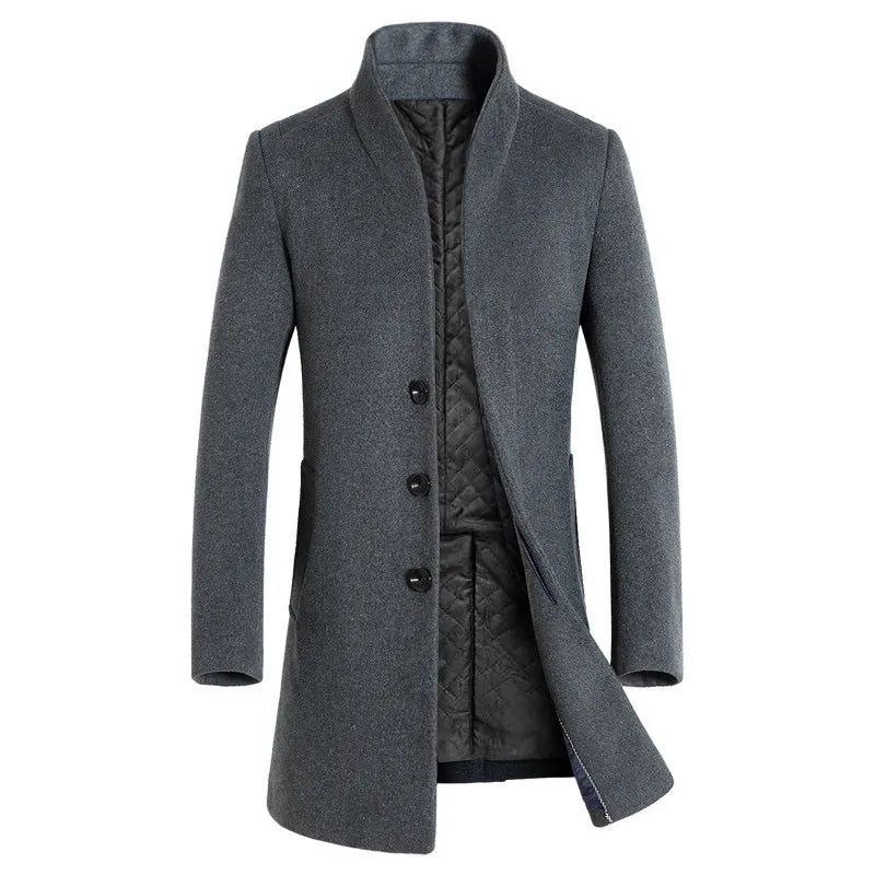 Men's mid-length slim fit hooded cotton blend trench coat in 825 navy blue with lapel collar and multi-pockets
