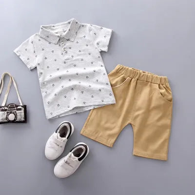 Anchor print children's cotton pantsuit set in Korean style with short sleeves and trousers