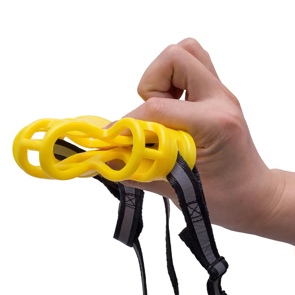 Adjustable dog muzzle made from soft rubber, available in black and yellow, six sizes from 18cm to 43cm