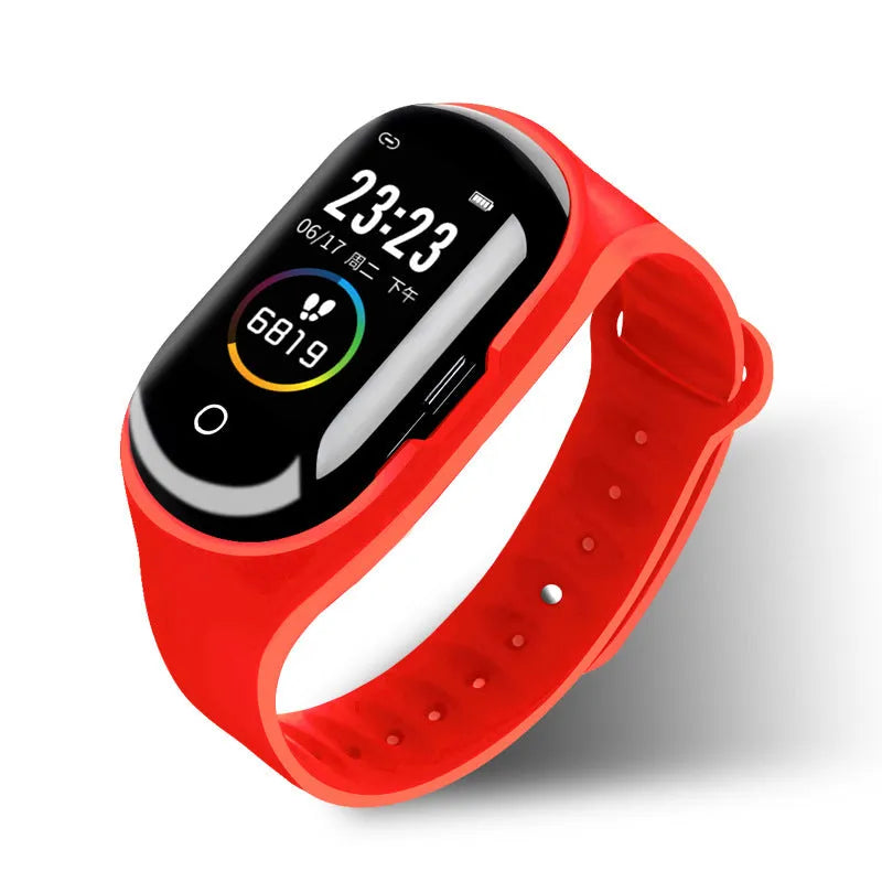Black silicone smart fitness bracelet with integrated earphones and 1-inch touchscreen display