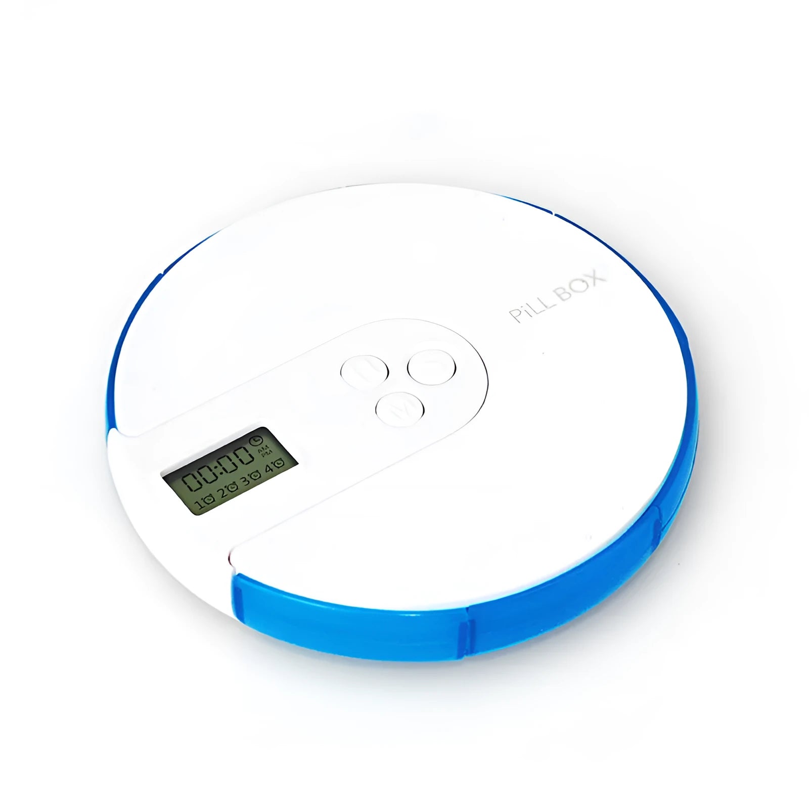 Blue 7-day pill organiser with digital alarm clock display and timer buttons