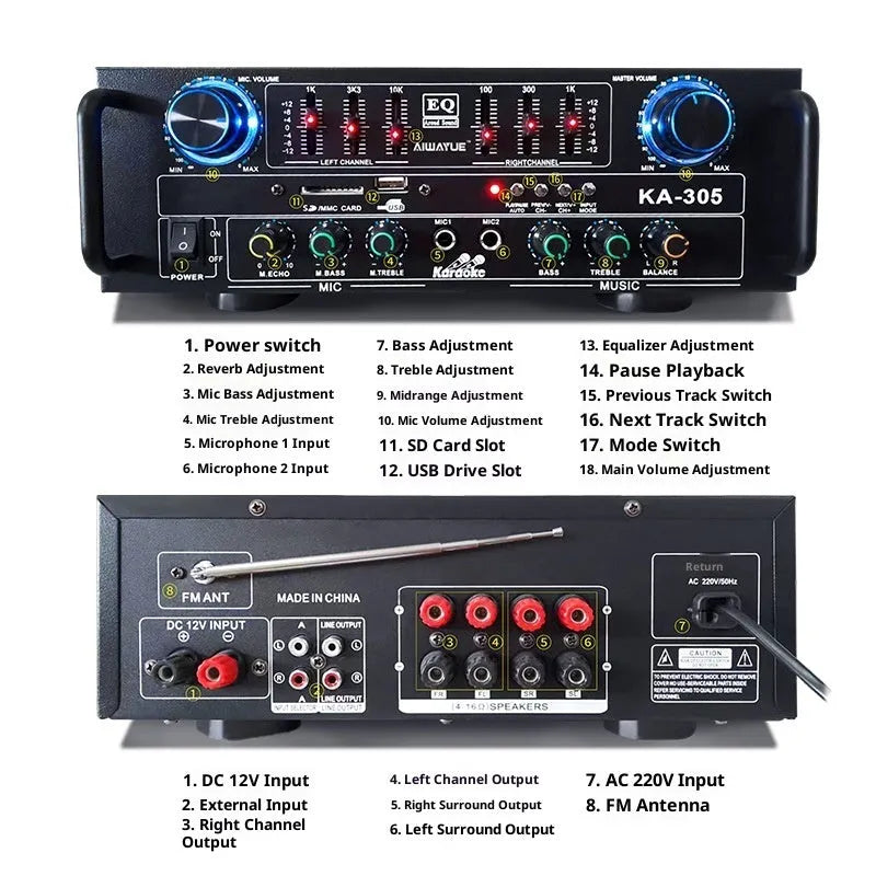 KA-305 4.1 channel Bluetooth power amplifier in black with front panel controls and lotus interface connections