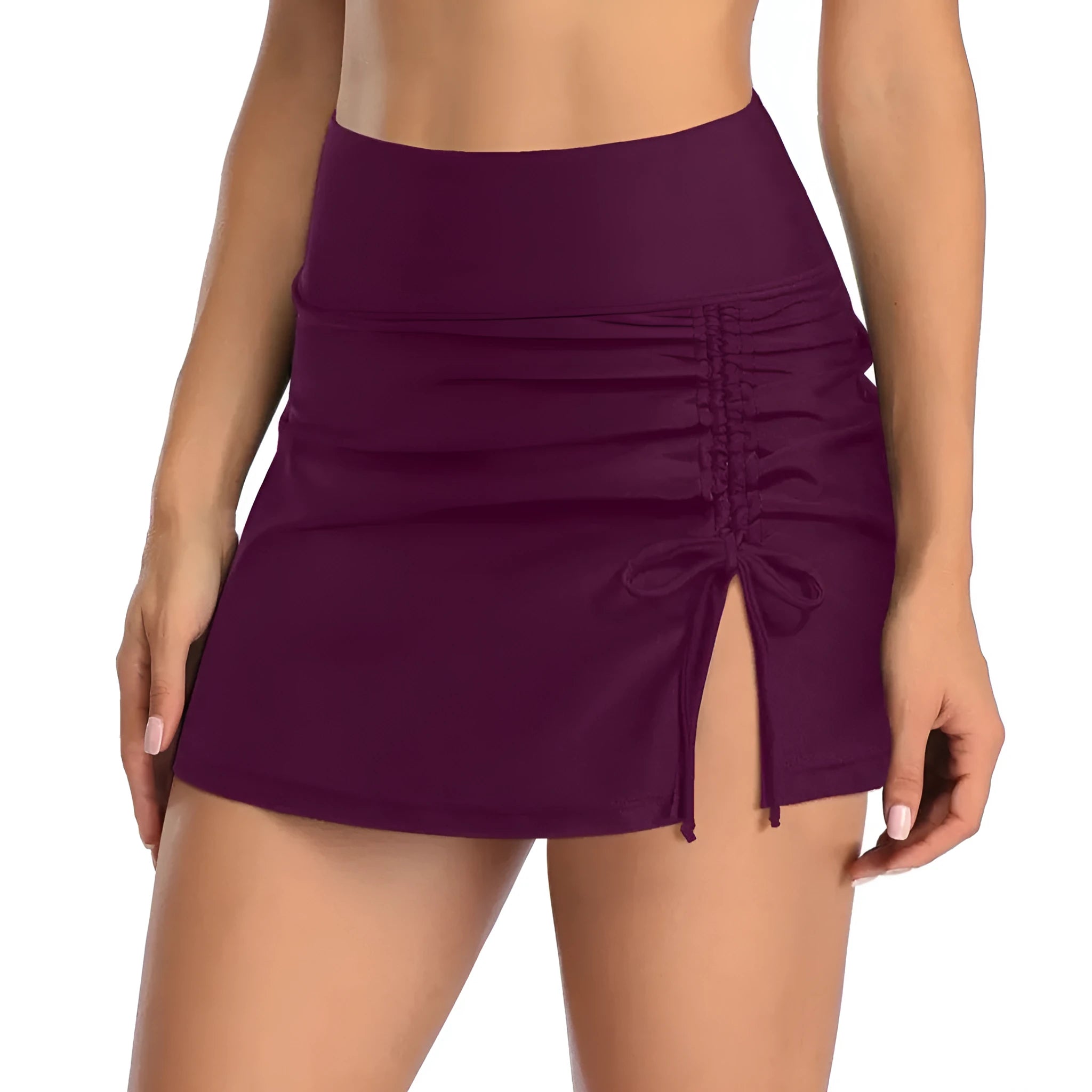 Women's solid colour polyester swimming trunks shown in briefs style