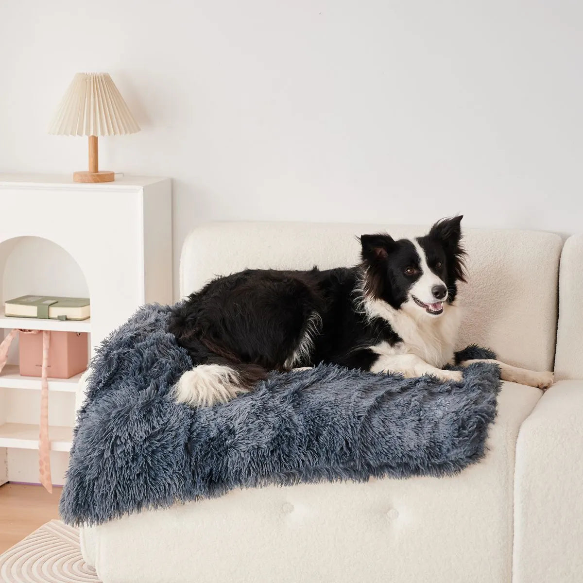 Grey velvet and plush pet blanket serving as dog bed and sofa cover with four size options