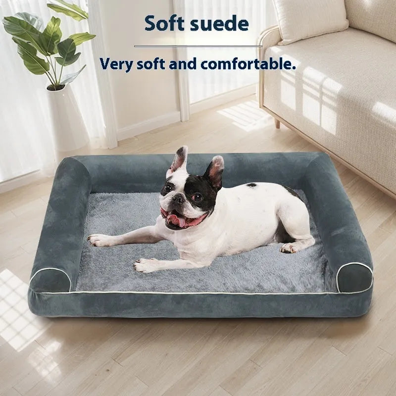 A square breathable sponge dog bed in a crate, available in blue, grey, and beige colours.