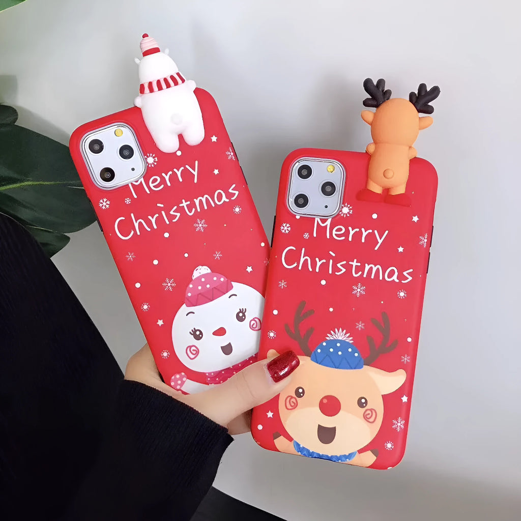 Festive Christmas silicone back cover case for various iPhone models on a red background.