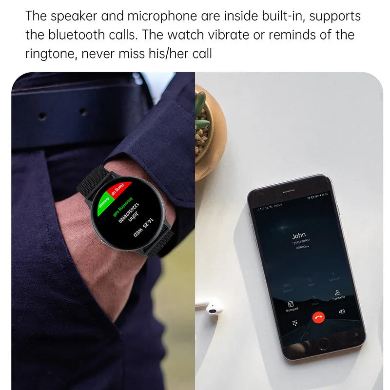 Smart bracelet sports watch with touchscreen showing heart rate display on a black TPU strap.