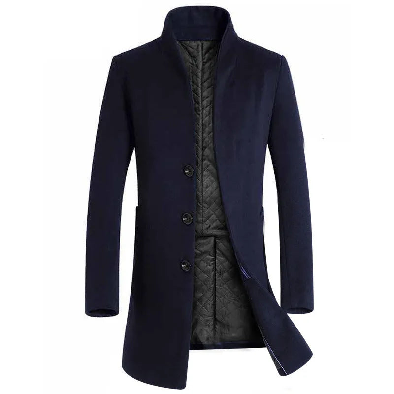 Men's mid-length slim fit hooded cotton blend trench coat in 825 navy blue with lapel collar and multi-pockets