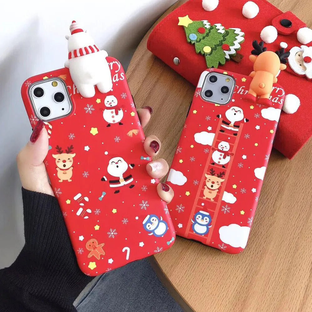 Festive Christmas silicone back cover case for various iPhone models on a red background.