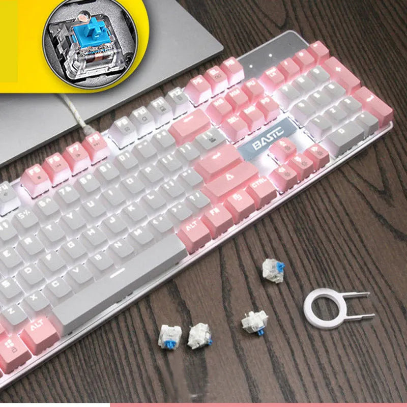 Pink coloured mechanical keyboard with 104 keys, showcasing choice of black, green, or red mechanical switches.