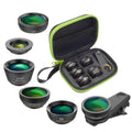 Black 6-in-1 universal smartphone camera lens kit with fisheye, macro, wide-angle, telephoto, filters, clip, and case.