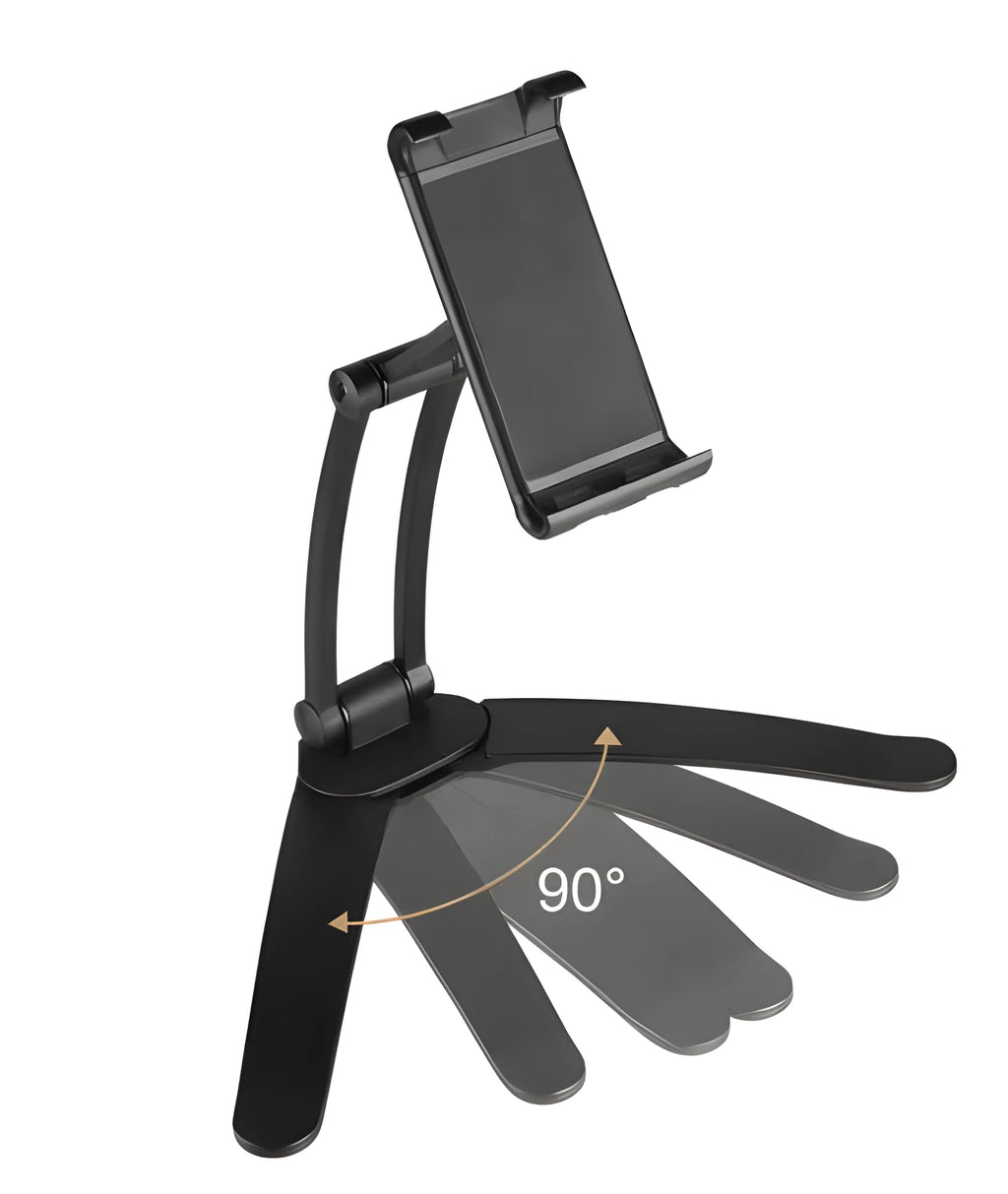 Silver aluminium alloy desktop tablet stand with adjustable clips and 360-degree rotation on a white mount.