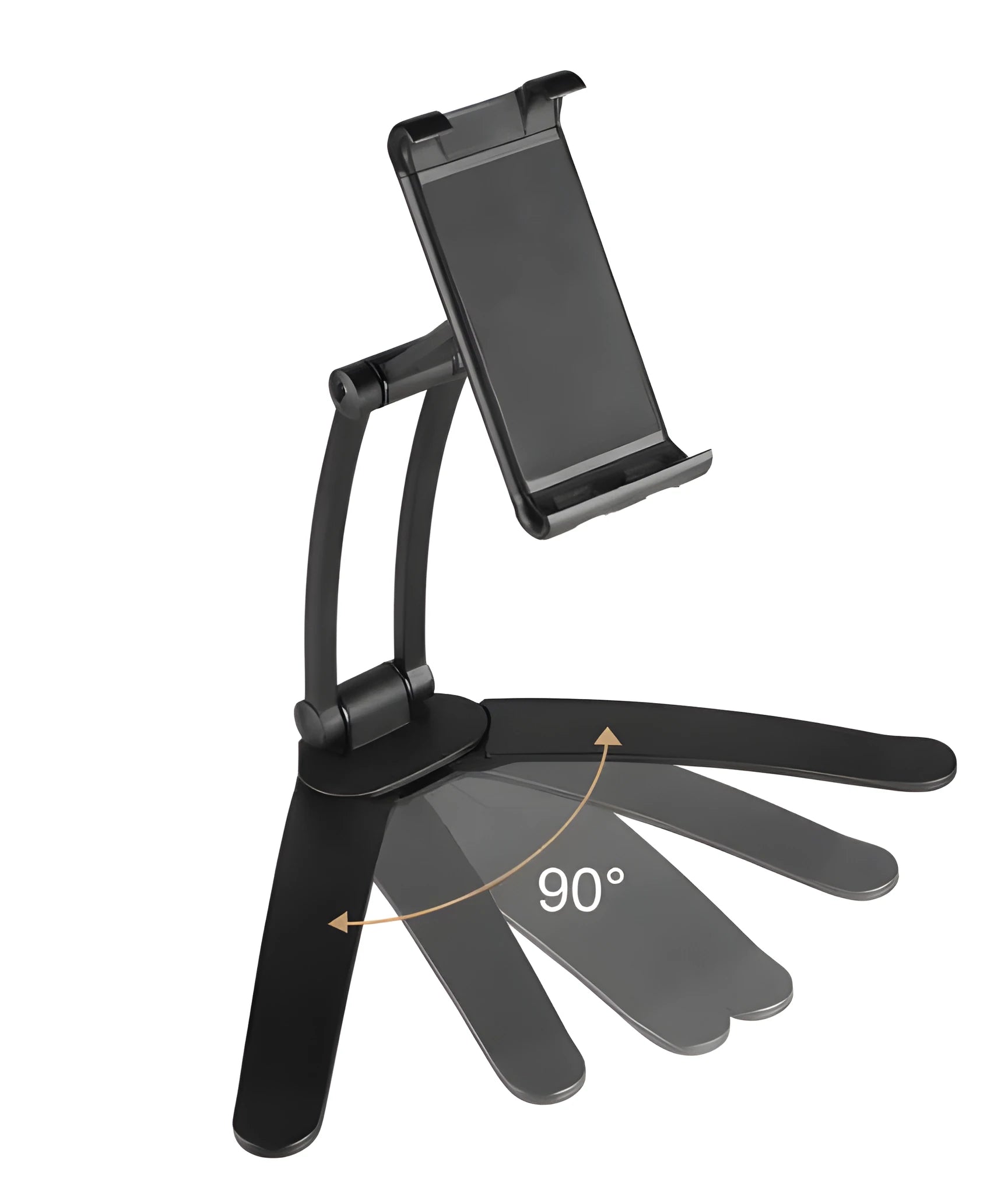 Silver aluminium alloy desktop tablet stand with adjustable clips and 360-degree rotation on a white mount.