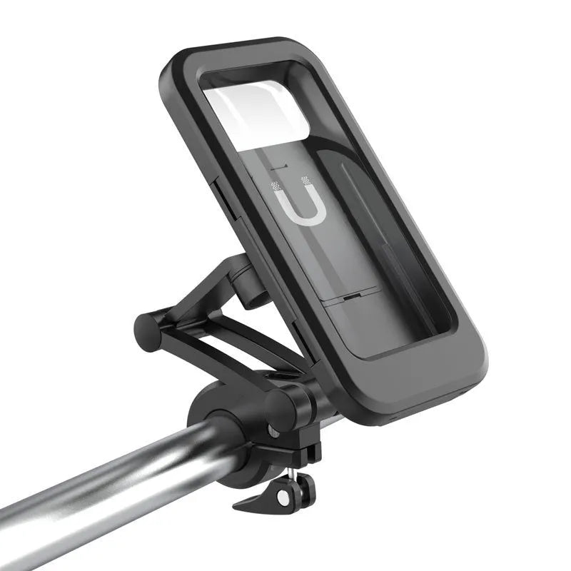 Black adjustable waterproof bicycle and motorcycle phone holder mount for 4 to 6.7 inch mobile devices.