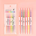 Set of six double-headed marker pens showing round and oblique tips in various colours