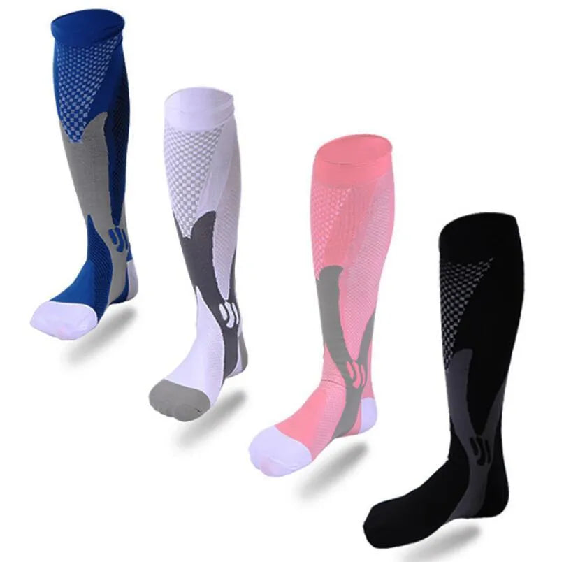 Graduated compression socks for men and women in black, shown in S/M, L/XL, and XXL sizes.