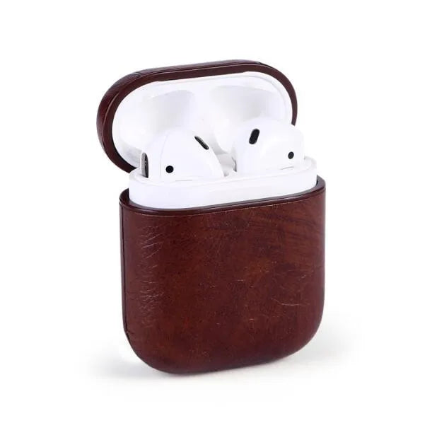 Genuine leather AirPods protective case bag in black, brown, light brown, and red colour options.