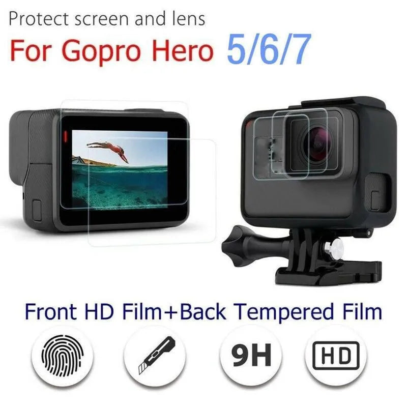 GoPro Hero camera with transparent 9H tempered glass screen protector and lens protector film applied.