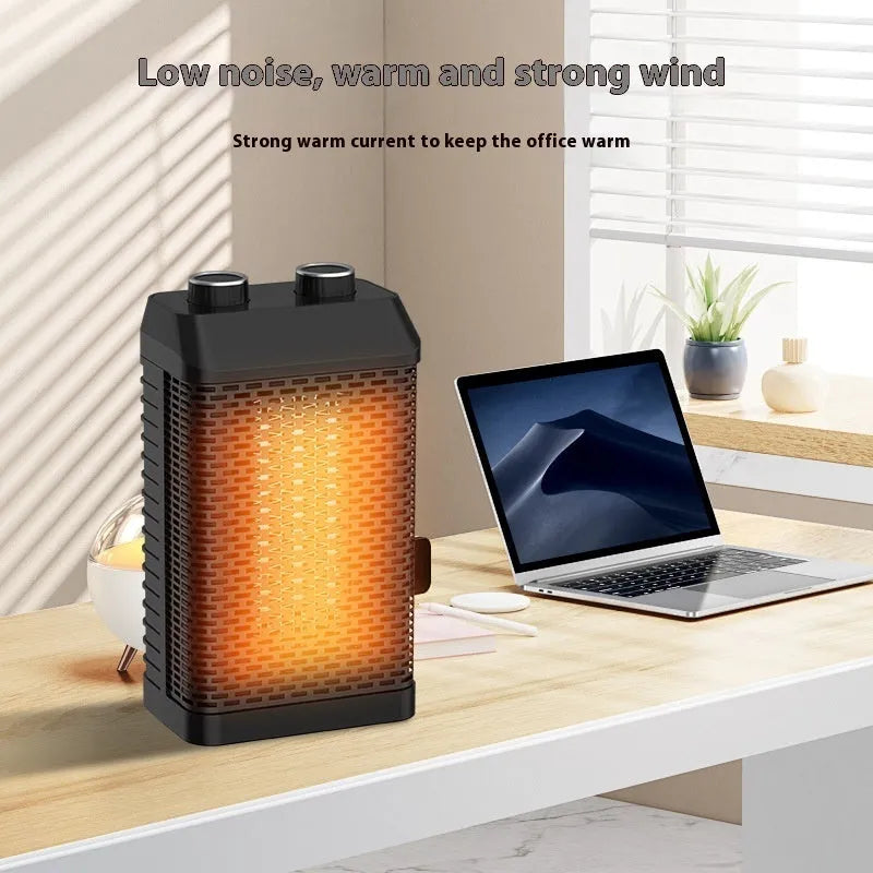 Black remote control type desktop smart heater with oscillating head, showing dimensions 14.5x10x26cm.