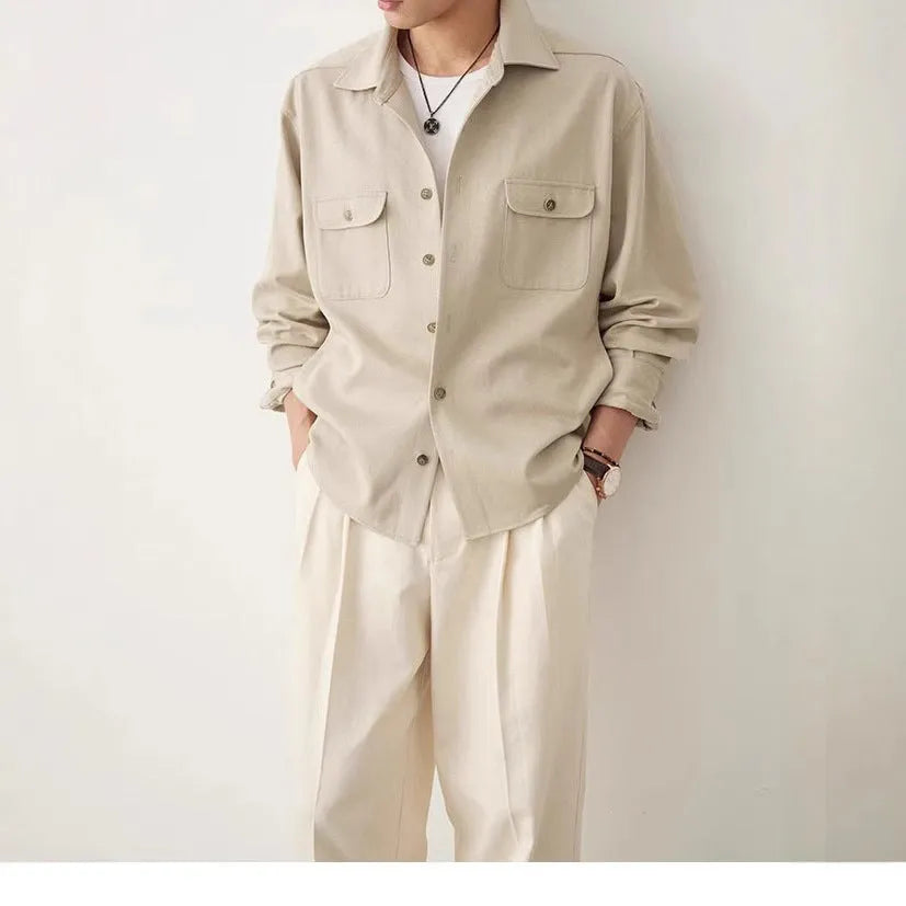 Men's light sand rice casual long sleeve shirt with a contrasting cotton fabric lapel.