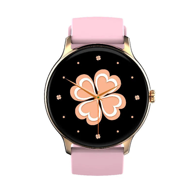 Black smartwatch with circular screen displaying health stats, on a silicone strap.