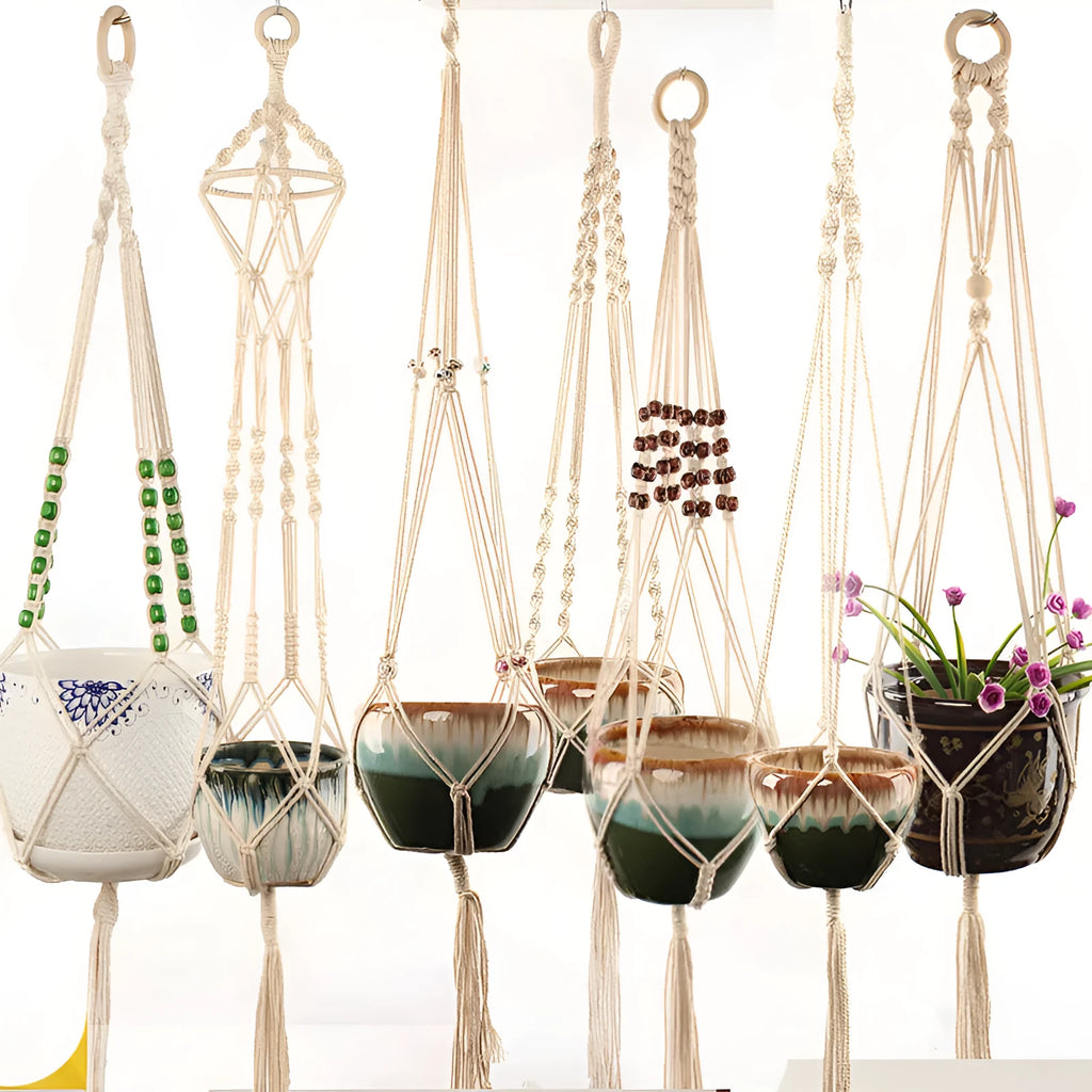 Woven wire cotton rope plant hanger in desktop and wall hanging styles