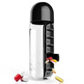 Creative wrist capsule water cup with medicine box 600ml in black, showing lid with integrated pill compartment