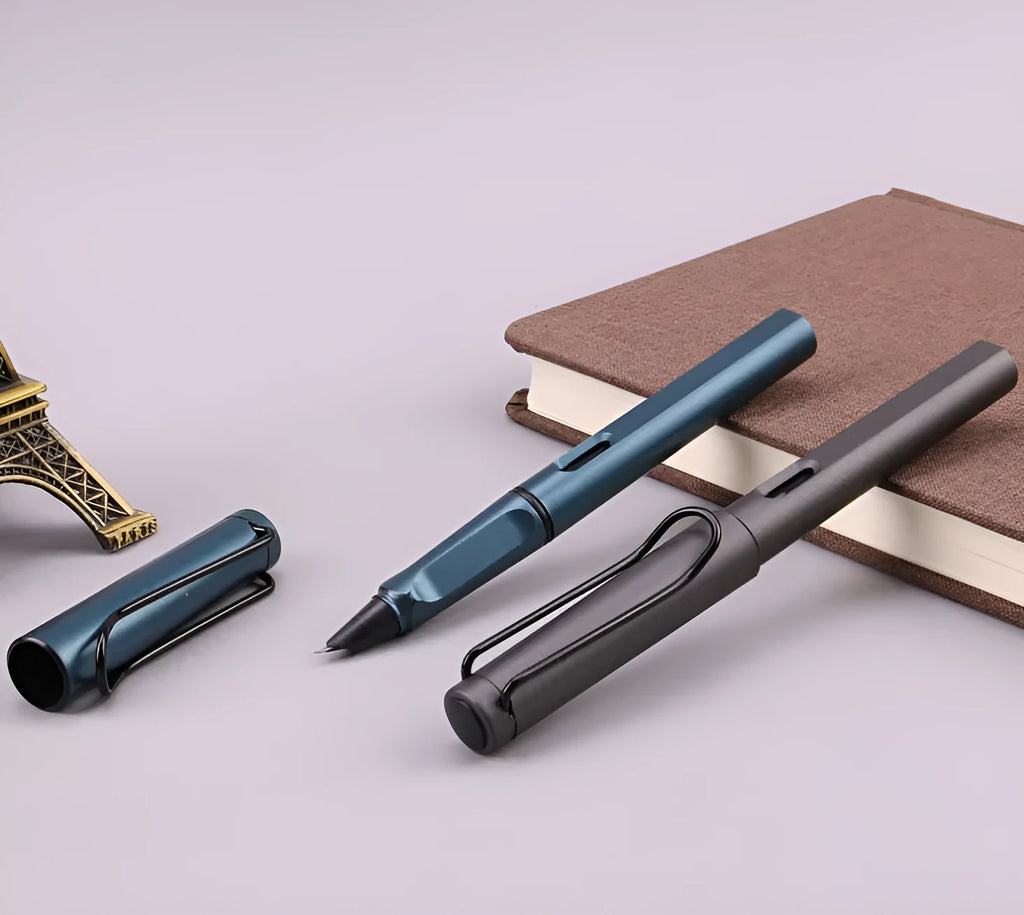 A black and a blue frosted plastic fountain pen showing 0.38mm and 0.5mm nib options.