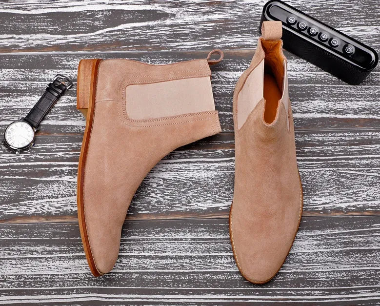 Men's genuine leather Chelsea boots in khaki with side zip closure and ankle height
