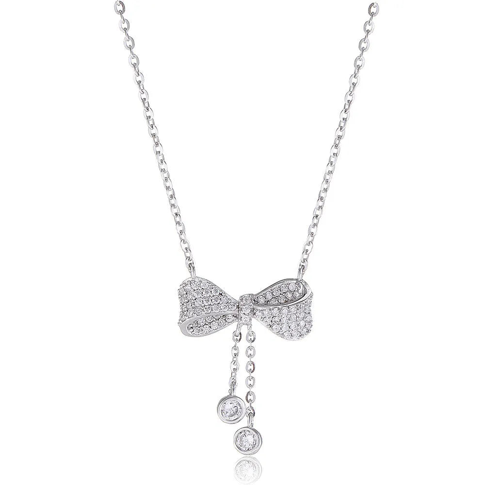 S925 sterling silver bow pendant necklace with adjustable chain for women
