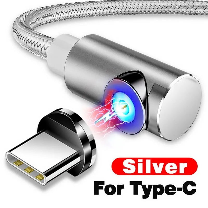 Black L-shaped magnetic USB charging cable with aluminium connector on a wooden table.
