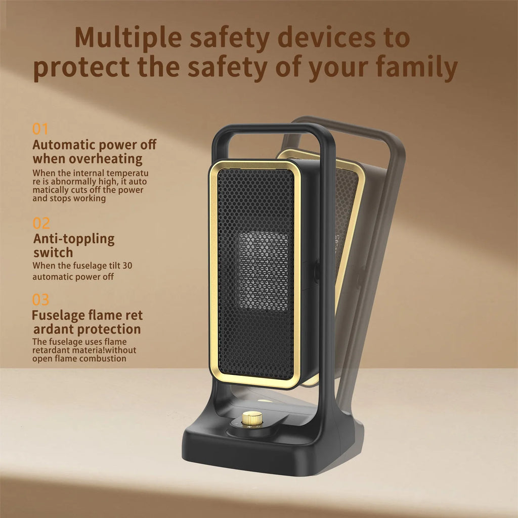 Black compact PTC ceramic desktop personal heater with control knob.