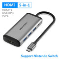 Deep grey USB-C to HDMI, Ethernet, and USB 3.0 multi-port hub on a desk.
