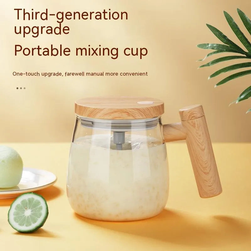 400ml borosilicate glass self-stirring coffee mug with electric mixing button in clear, champagne gold, and rainbow blue colours