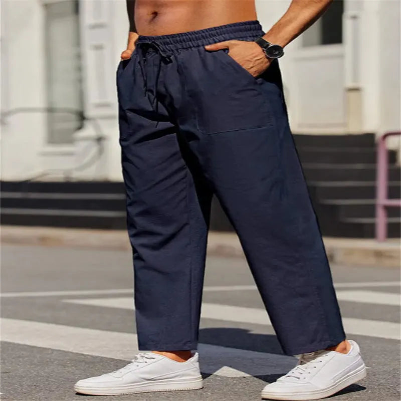 Men's straight-leg linen trousers with elastic waistband in seven colour options