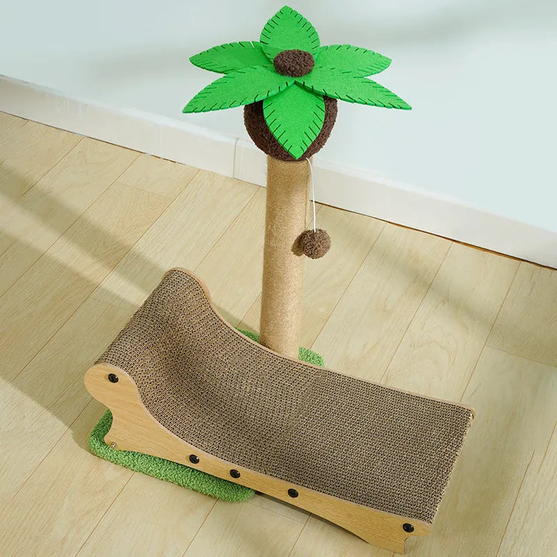 Wooden beach chair style cat climbing frame with a built-in hemp scratching mat.