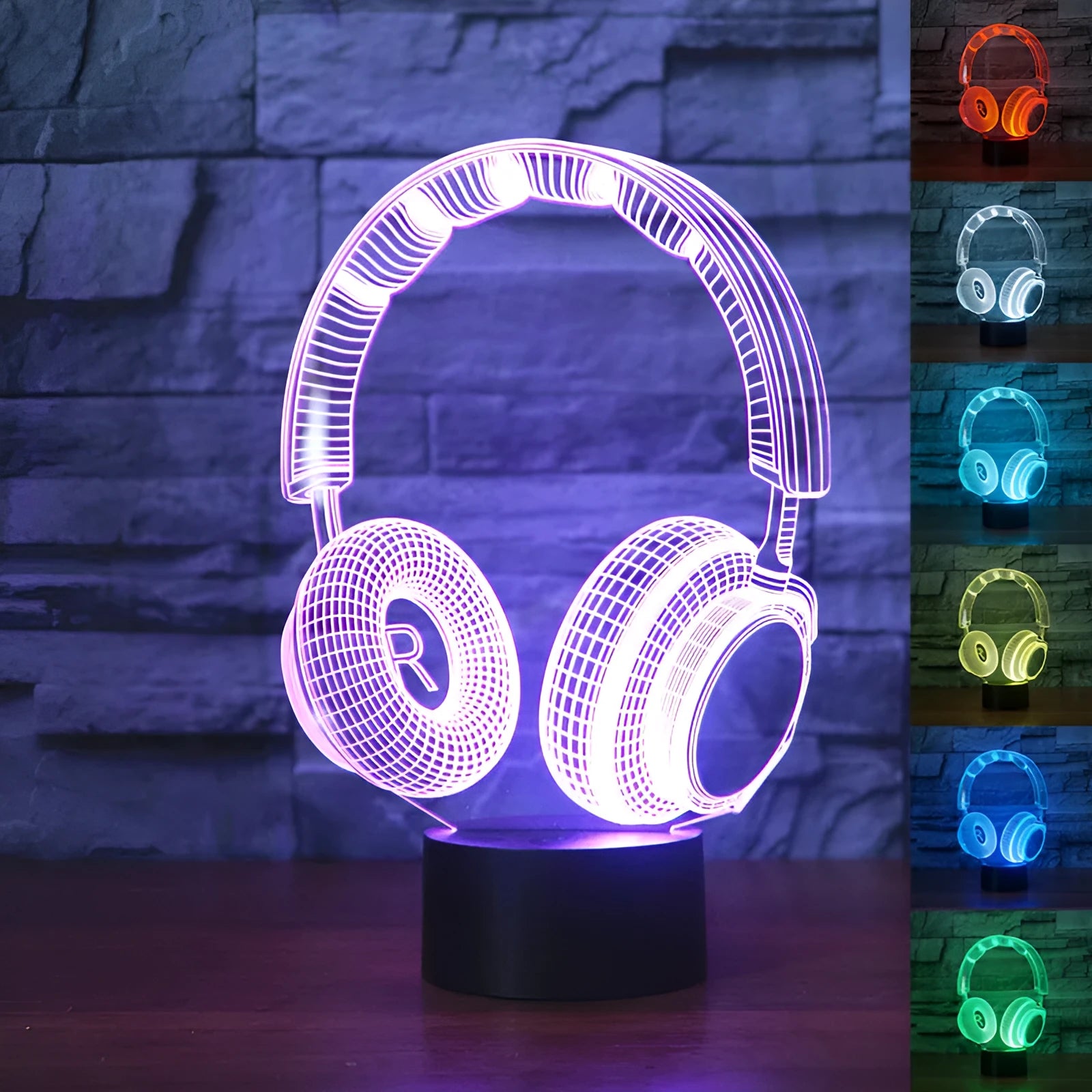Stereo earphone illusion decorative table lamp with acrylic shade, LED light, and USB cable