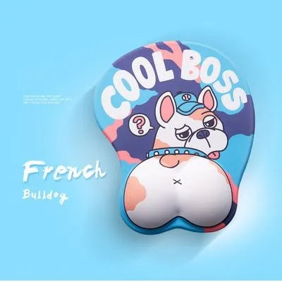 3D corgi design mouse pad with wrist support cushion showing blue colour option on desktop