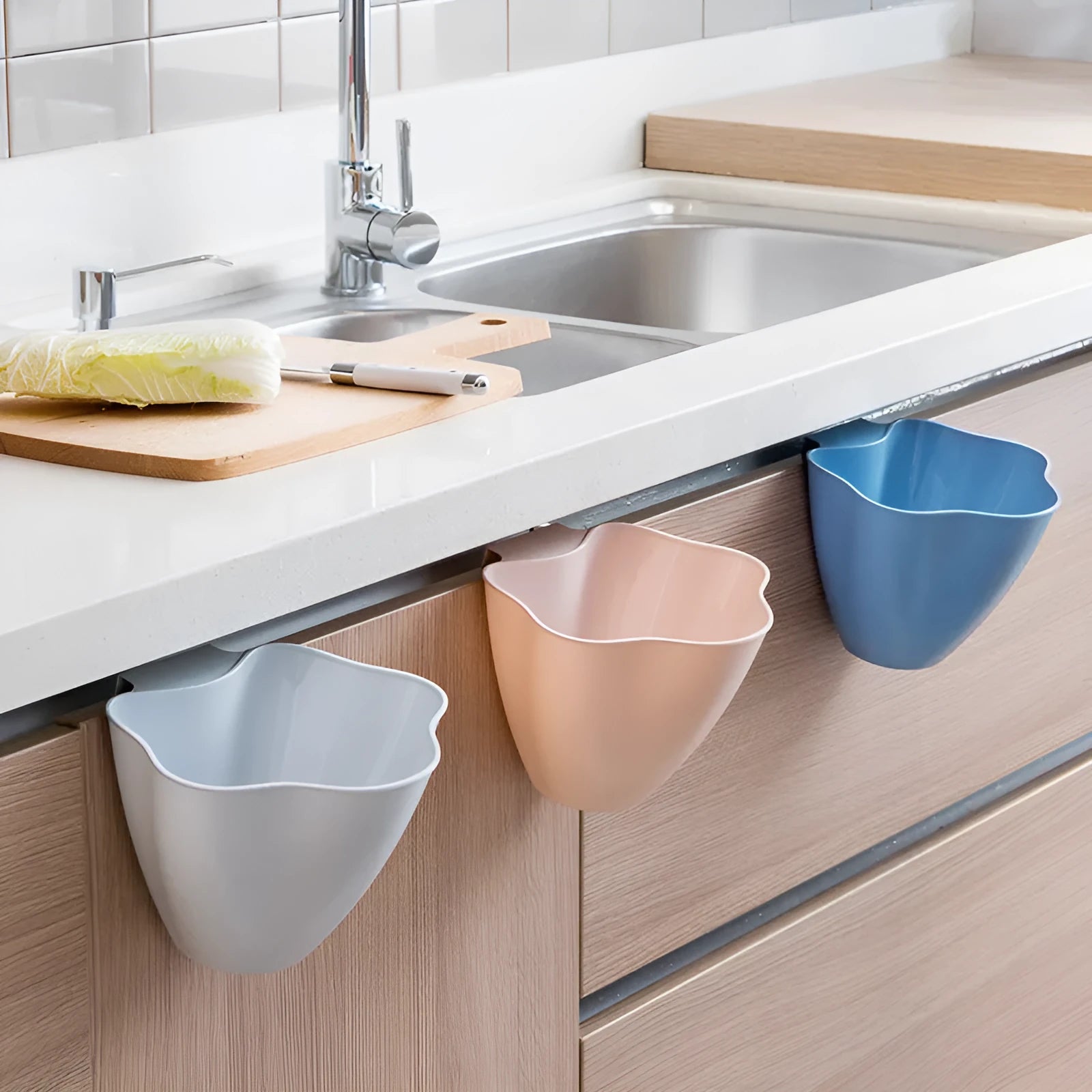 PP plastic kitchen cabinet garbage can in Nordic blue showing compact 21cm width design