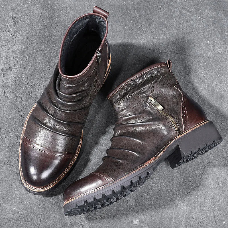 Men's black high-top cowboy boots with side zip and round toe on a plain background