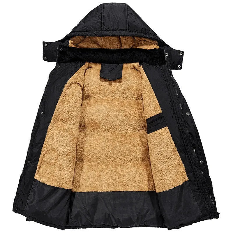 Men's black velvet padded winter jacket with hood and double breasted front closure