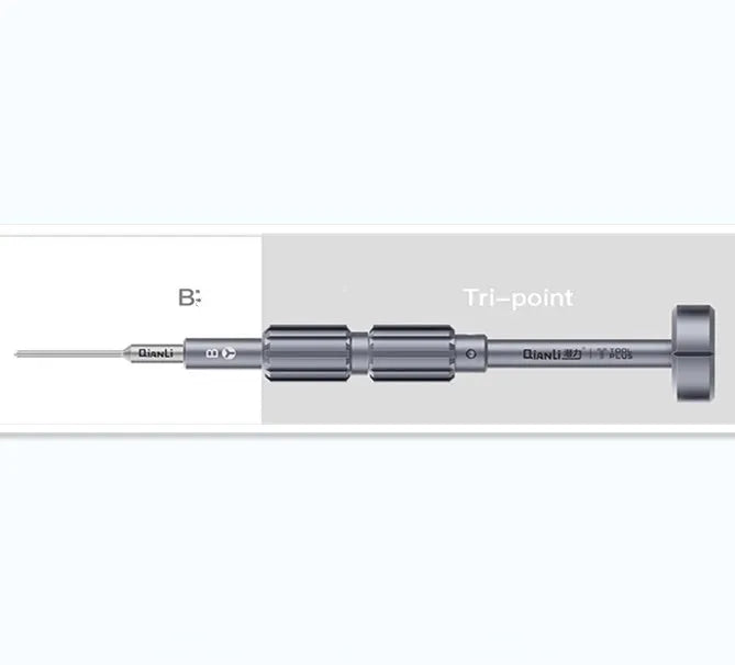 Five-in-one precision screwdriver with grenade-shaped aluminium handle for iPhone repair.