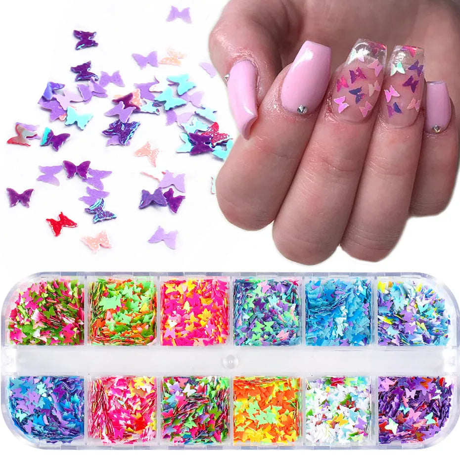 Symphony butterfly sequin nail decoration in mixed glitter colours on 12 grids